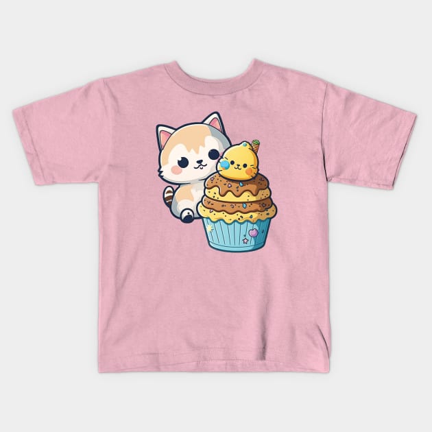 Cute Cat Eating Icecream Kids T-Shirt by Cute Pets Stickers